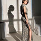 Gray floral cheongsam. Sleeveless gown. Chinese robe.