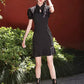 Black cheongsam. Short sleeve cheongsam. Black skirt.