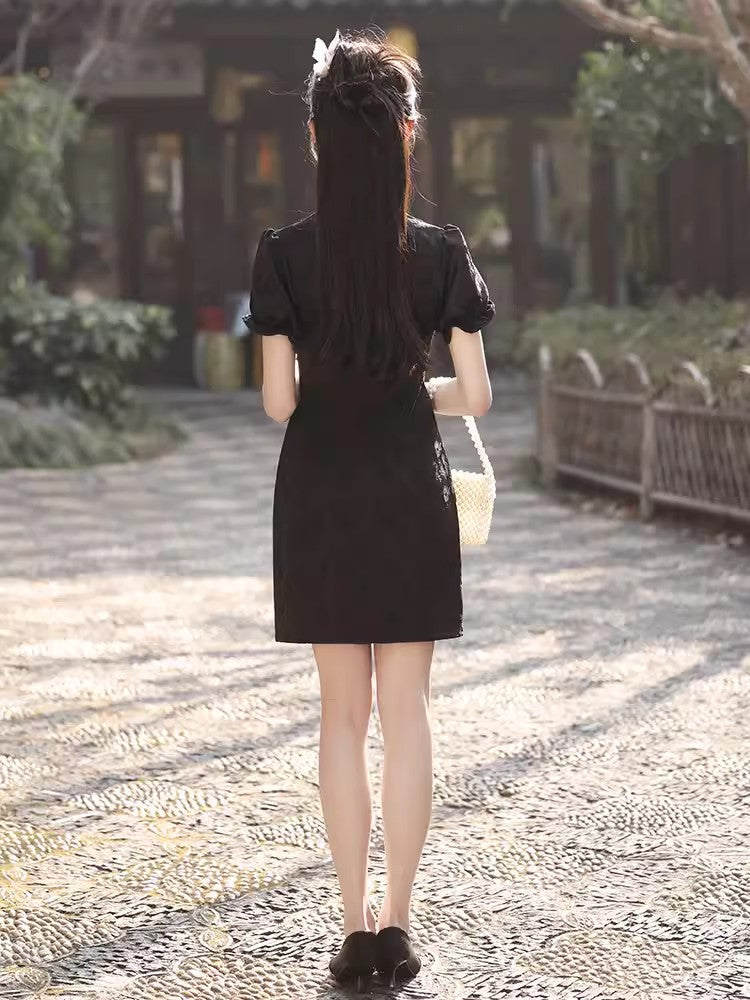 Black cheongsam. Short sleeve cheongsam. Chinese style black skirt. for you.