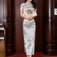 Elegant Chinese vintage cheongsam. Blue qipao dress. Short sleeve dress.