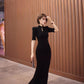 Black cheongsam. Chinese style long skirt. Chinese dress.