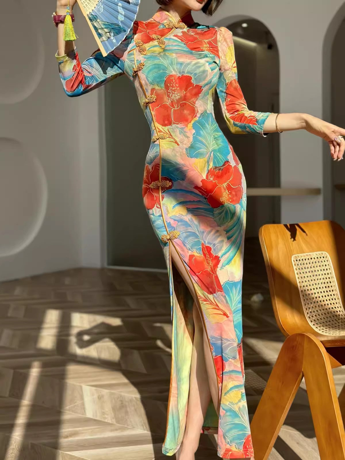 Floral cheongsam. Long sleeve maxi dress.