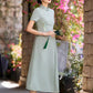 Green A-line cheongsam. Short sleeve cheongsam.