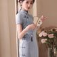 Blue cheongsam. Short sleeve cheongsam. Blue dress.