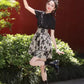 Black cheongsam. Short sleeve cheongsam. Black skirt.