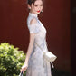 Off-the-shoulder cheongsam. Short sleeve cheongsam. Short skirt.