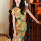 Elegant Chinese vintage cheongsam. Yellow floral qipao dress. Sleeveless gown.