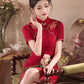 Red cheongsam. Short sleeve cheongsam. Chinese wedding dress.