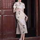 Traditional short-sleeved cheongsam. Floral cheongsam.