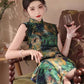 Blue green cheongsam. Lace short sleeve cheongsam.