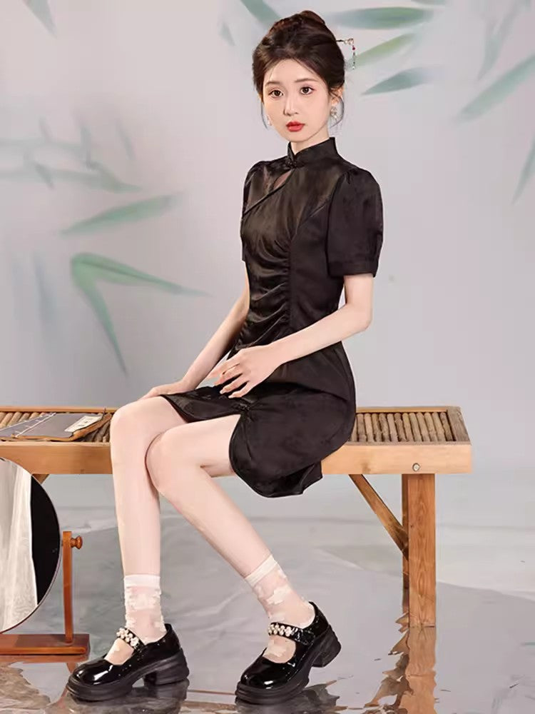 Black cheongsam. Short sleeve cheongsam. Chinese style black skirt. for you.