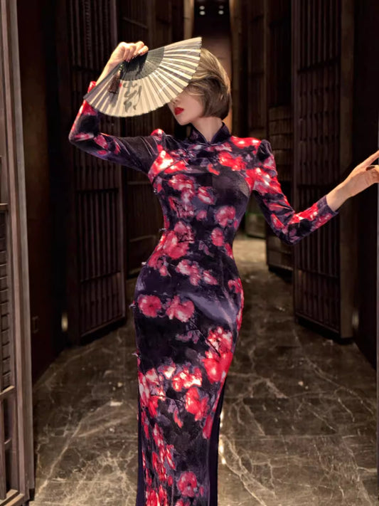 Black floral cheongsam. Long sleeve gown.