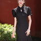 Black cheongsam. Short sleeve cheongsam. Black skirt.