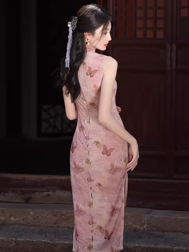 Pink butterfly cheongsam. Short sleeve cheongsam. for you.