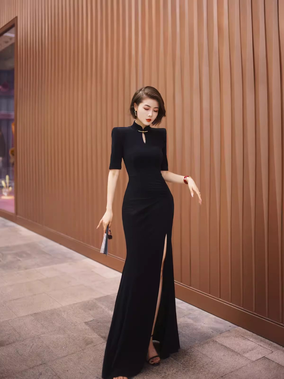 Black cheongsam. Chinese style long skirt. Chinese dress.