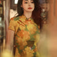 Elegant Chinese vintage cheongsam. Yellow floral qipao dress. Sleeveless gown.