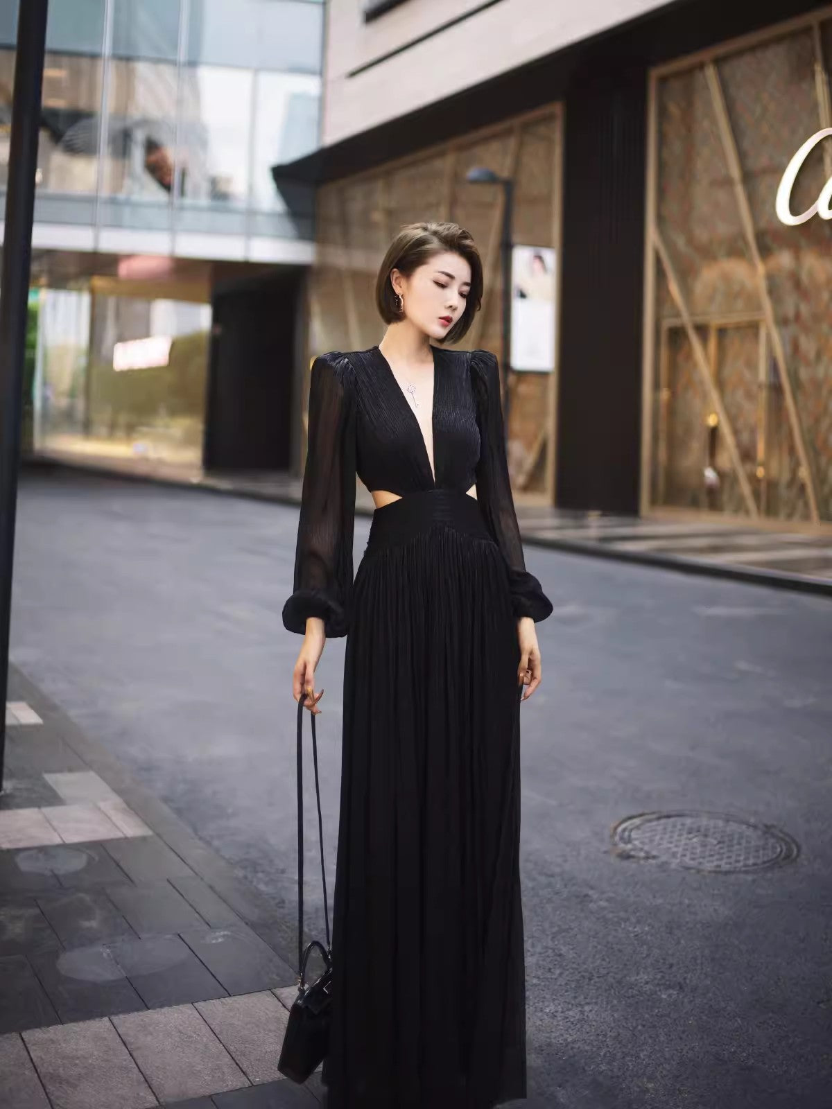 Black evening dress. Long sleeve dress.Short skirt.Evening gown. shining dress. Evening wear.Fashion prom dress.