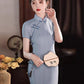 Blue cheongsam. Short sleeve cheongsam. Blue dress.