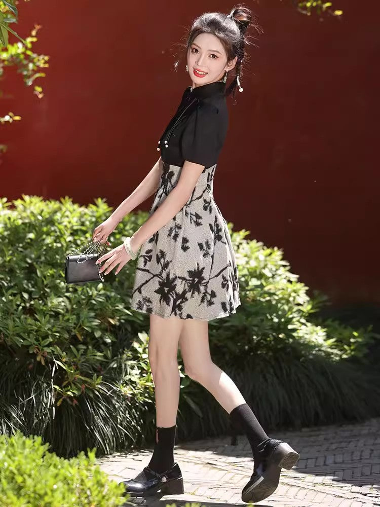 Black cheongsam. Short sleeve cheongsam. Black skirt.