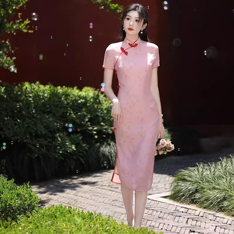 Pink cheongsam. Short sleeve cheongsam. for you.