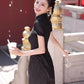 Black cheongsam. Short sleeve cheongsam. Black skirt.