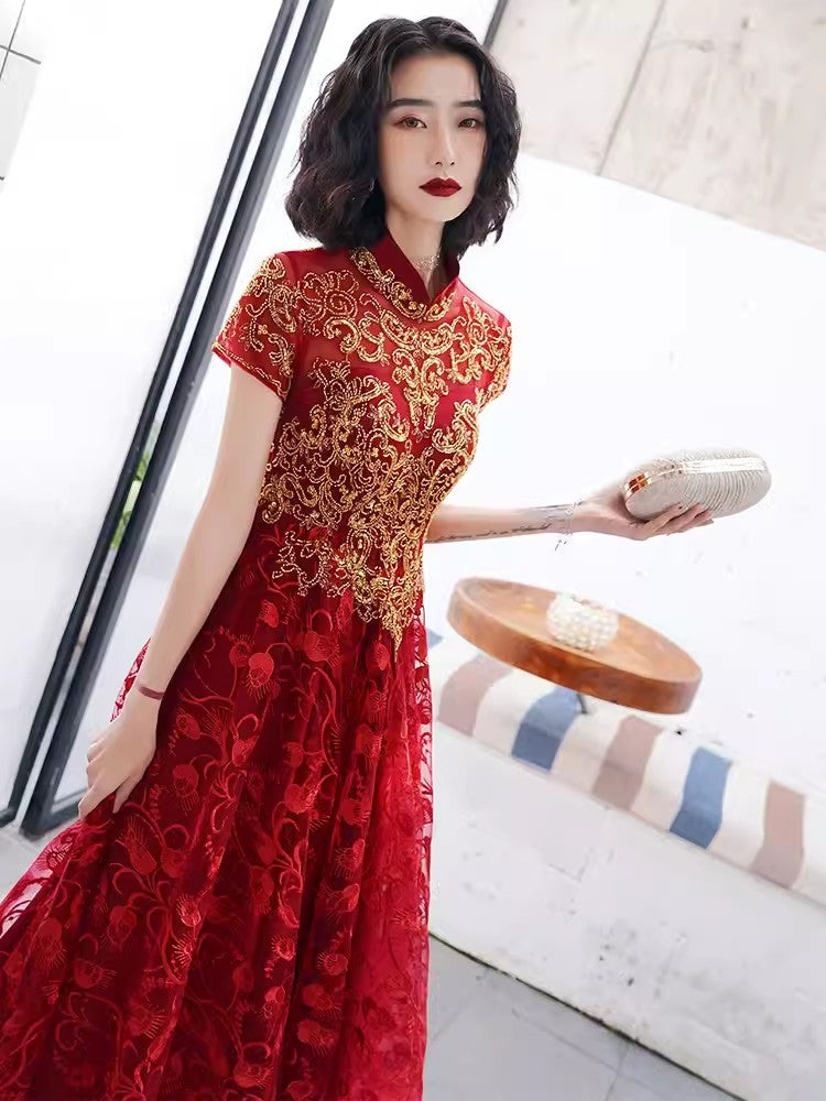 Red cheongsam. Bridal Qipao dress. Wedding dress.