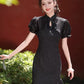 Black cheongsam. Short sleeve cheongsam. Black skirt.