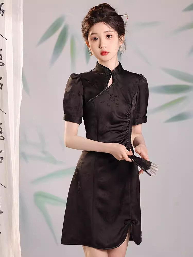 Black cheongsam. Short sleeve cheongsam. Chinese style black skirt. for you.