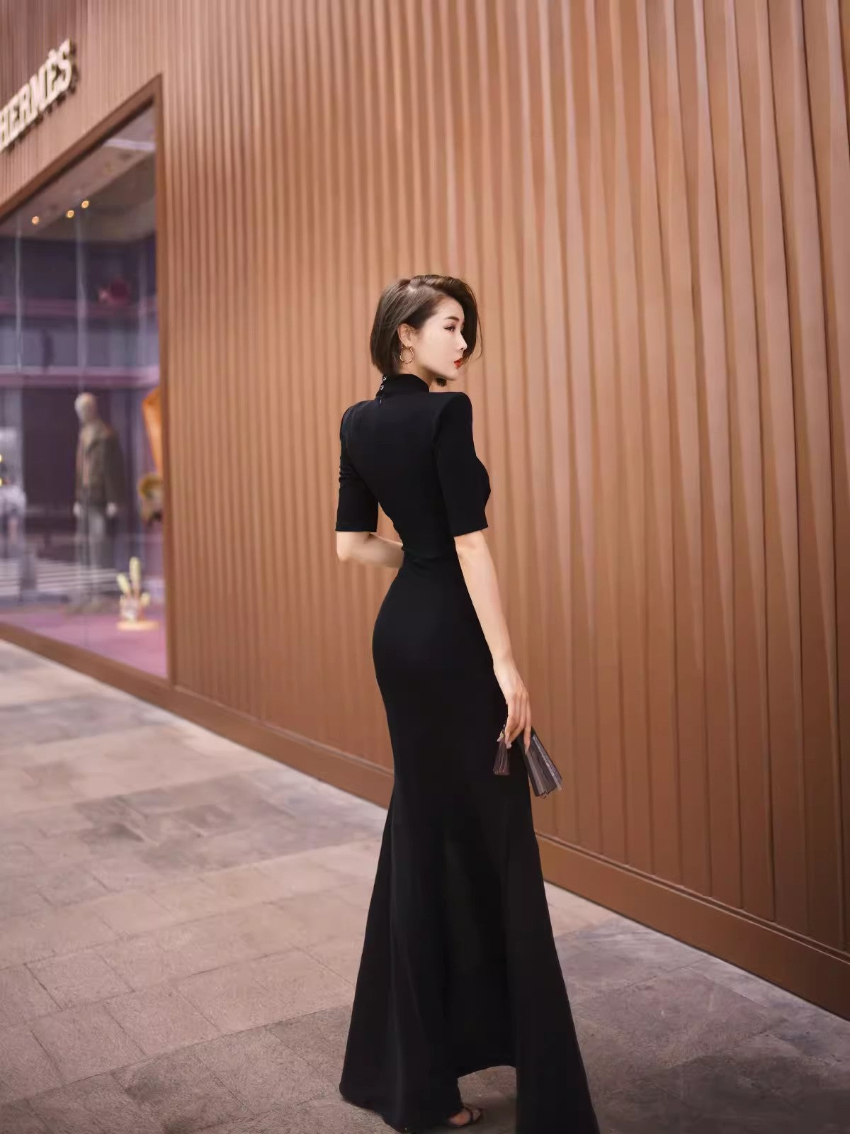 Black cheongsam. Chinese style long skirt. Chinese dress.