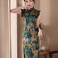 Blue green cheongsam. Lace short sleeve cheongsam.