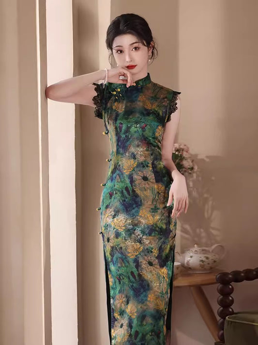 Blue green cheongsam. Lace short sleeve cheongsam.