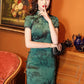 Elegant Chinese vintage cheongsam. Green qipao dress. Short sleeve dress.