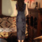 Elegant Chinese vintage cheongsam. Blue qipao dress. Sleeveless gown.