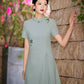 Green A-line cheongsam. Short sleeve cheongsam.