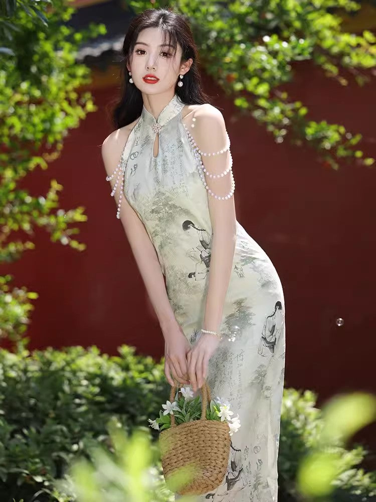 Green cheongsam. Sleeveless cheongsam. for you.