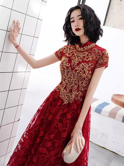 Red cheongsam. Bridal Qipao dress. Wedding dress.