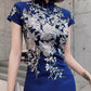 Blue embroidered cheongsam. Elegant ball gown.