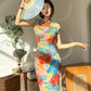 Floral cheongsam. Long skirt with short sleeves.