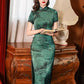 Elegant Chinese vintage cheongsam. Green qipao dress. Short sleeve dress.