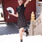 Black cheongsam. Short sleeve cheongsam. Black skirt.