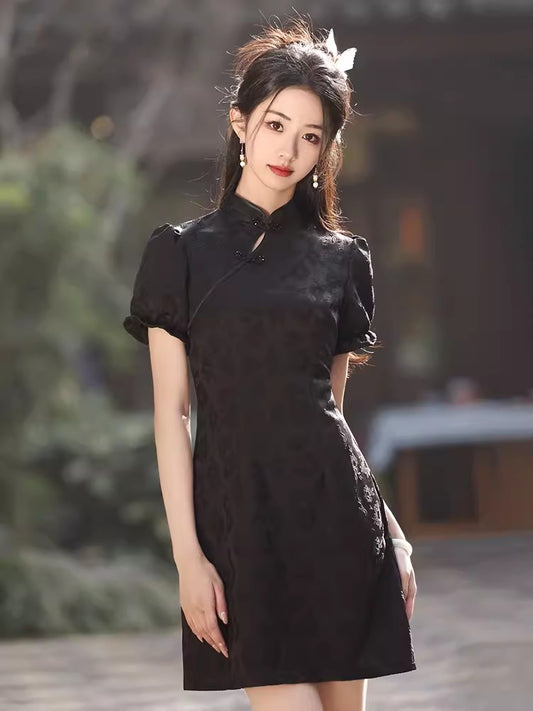 Black cheongsam. Short sleeve cheongsam. Chinese style black skirt. for you.