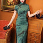 Elegant Chinese vintage cheongsam. Green qipao dress. Short sleeve dress.