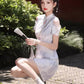 Off-the-shoulder cheongsam. Short sleeve cheongsam. Short skirt.