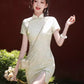 Green cheongsam. Short sleeve cheongsam. Green skirt.