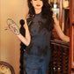 Elegant Chinese vintage cheongsam. Blue qipao dress. Sleeveless gown.