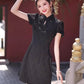 Black cheongsam. Short sleeve cheongsam. Black skirt.