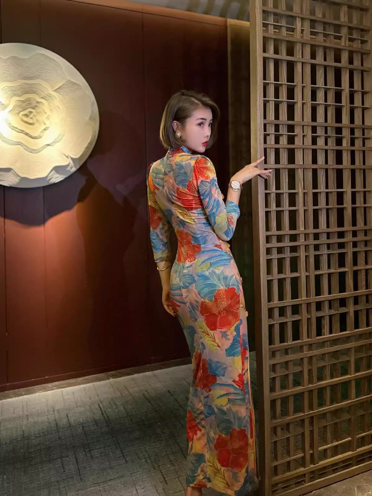 Floral cheongsam. Long sleeve maxi dress.