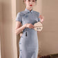 Blue cheongsam. Short sleeve cheongsam. Blue dress.