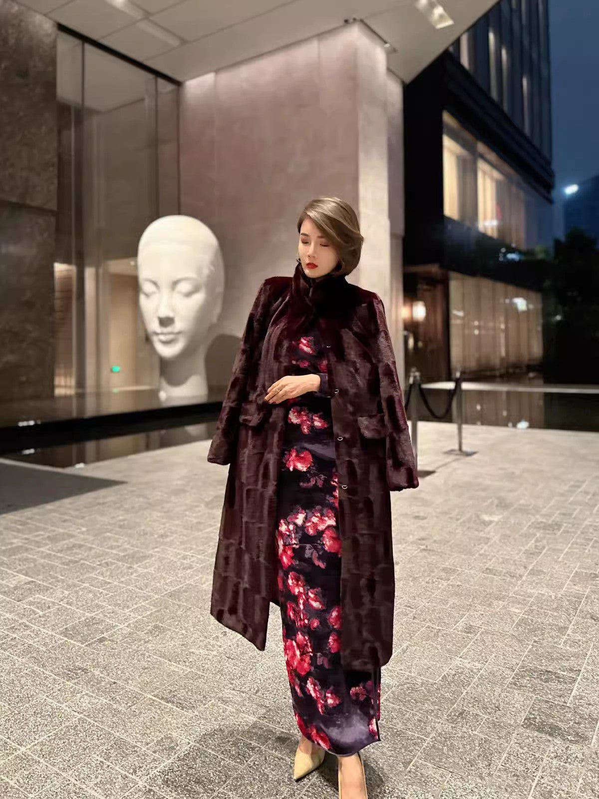 Black floral cheongsam. Long sleeve gown.