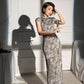 Gray floral cheongsam. Sleeveless gown. Chinese robe.